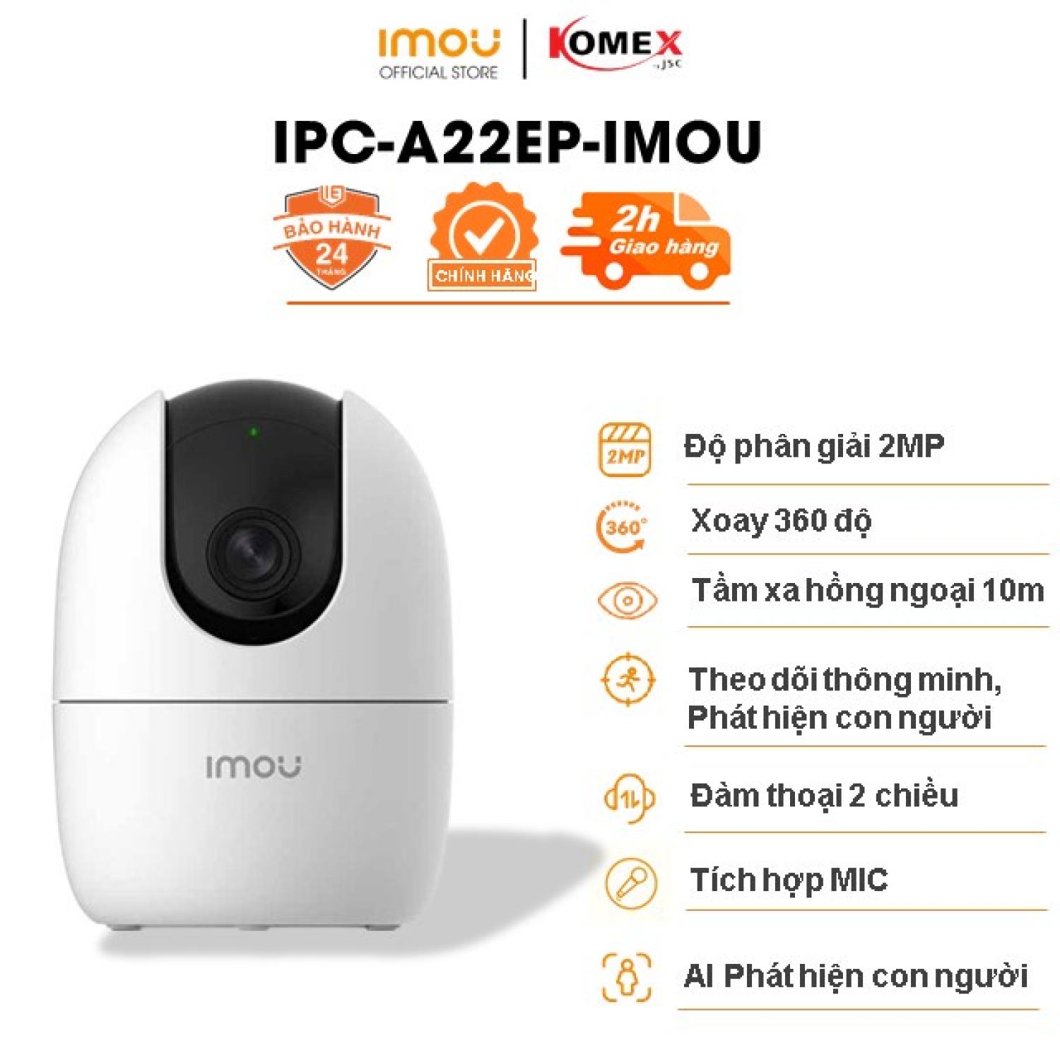 Camera Imou trong nhà A22EP IP Wifi Độ phân giải 2M, Phát hiện và Cảnh báo chuyển động, Đàm thoại, Quay 360 độ - Eco Tech Store