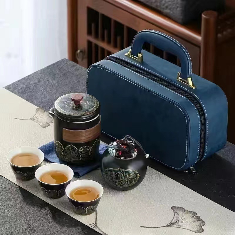 Bộ ấm chén pha trà du lịch, kèm vali da sang trọng
