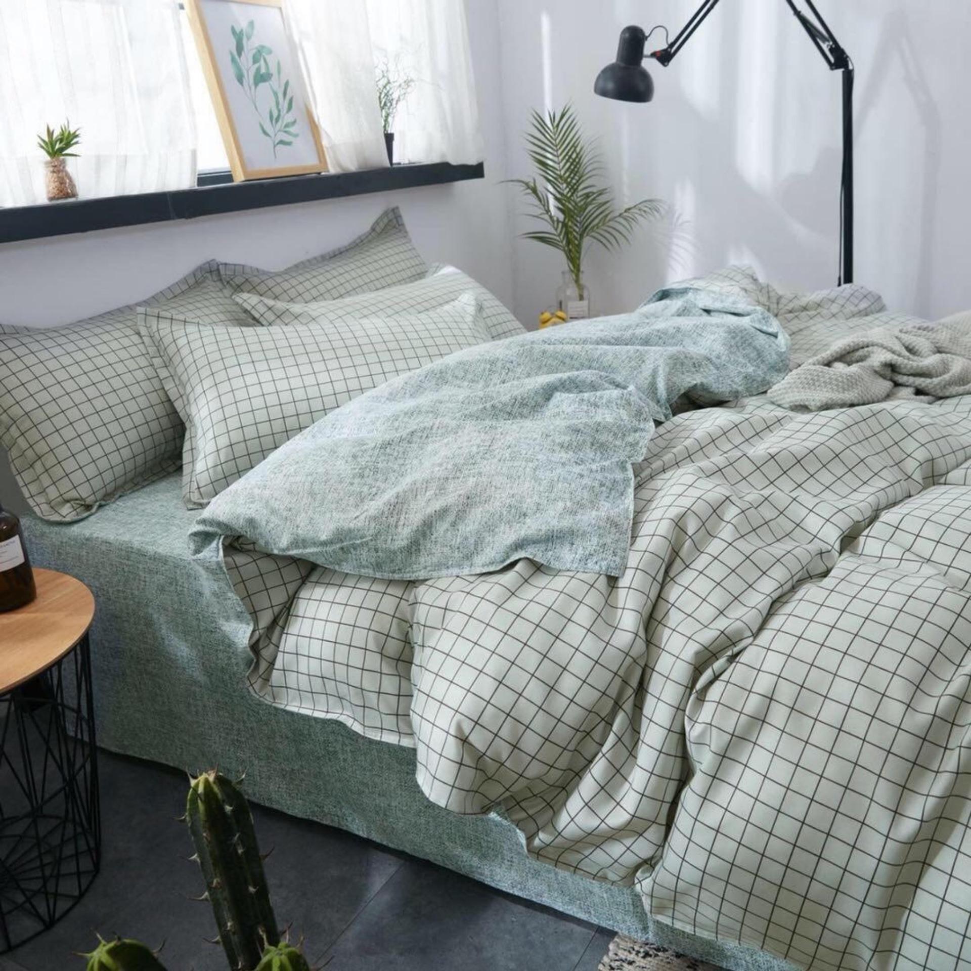 Bộ chăn ga gối basic kẻ xước caro xanh bo chun đủ kích thước.