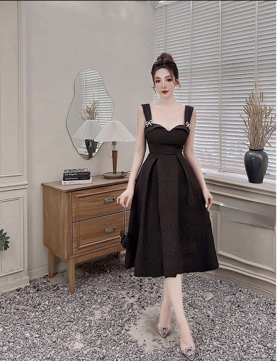 Đầm dự tiệc dáng xoè xốp hoa gốm