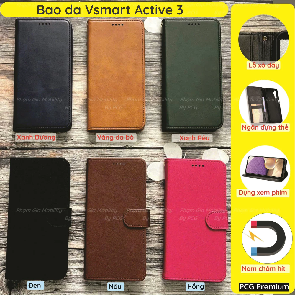 Bao da Vsmart Active 3 (Active3) chất liệu da cao cấp, sang trọng, có ngăn chứa thẻ tiện lợi, nắp gập chống đỡ xem phim