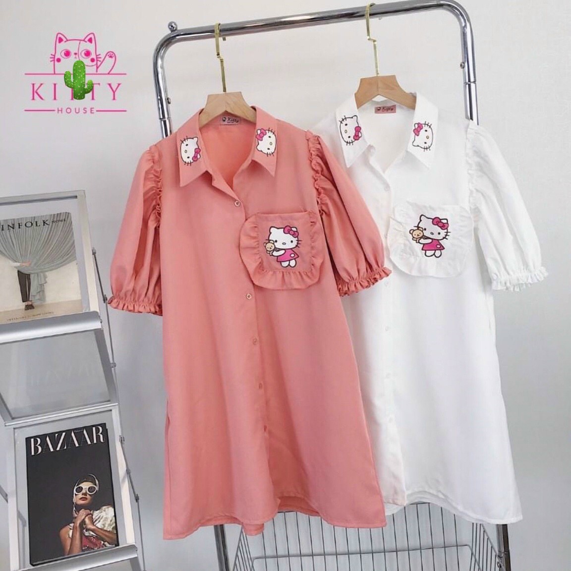 Đầm Sơ Mi Suông Phối Bèo HelloKitty