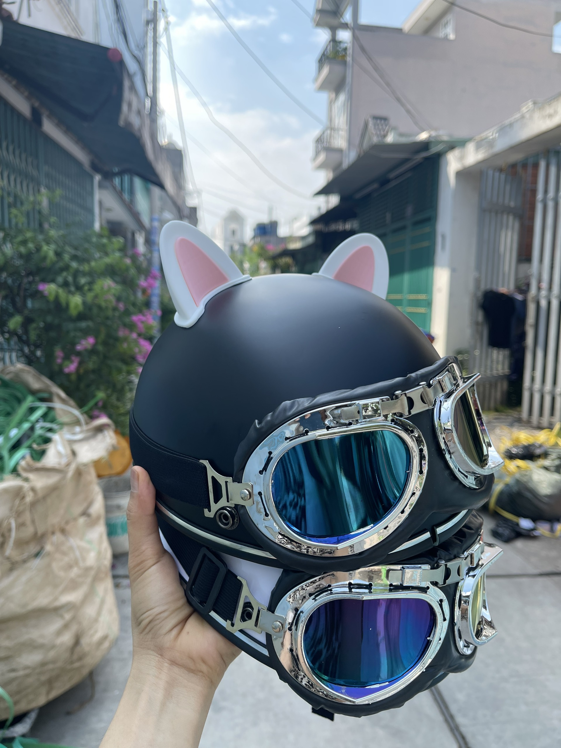 nón bảo hiểm phi công full phụ kiện ( tai mèo xịn+ kính phi công+lưỡi trai)