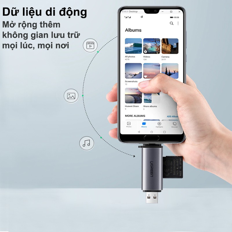 Đầu Đọc Thẻ Nhớ Type-C + Usb 3.0 Ugreen 50706 - Đọc Thẻ TfCf