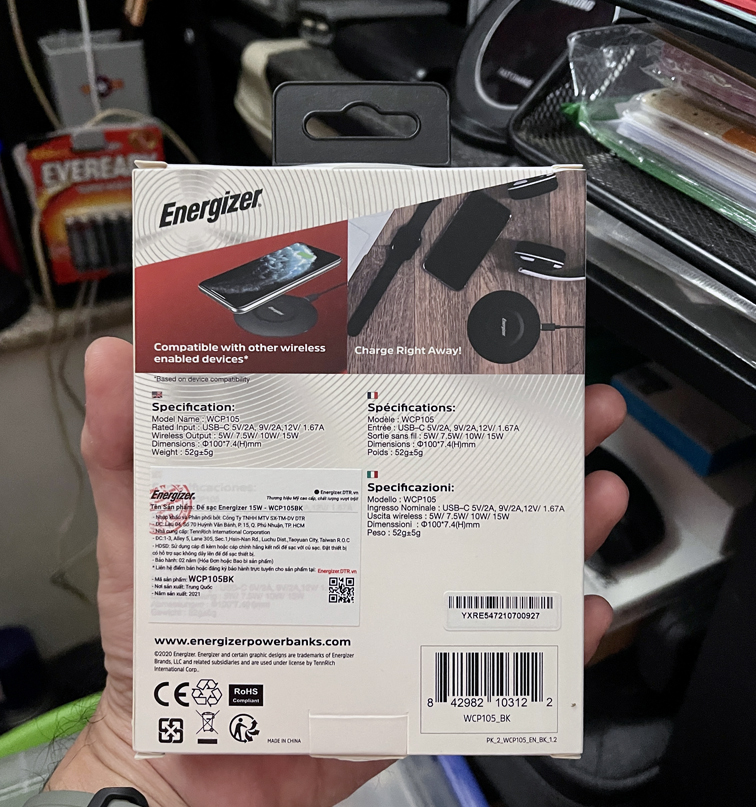 [HCM]Đế sạc không dây Energizer 15W kèm cáp MicroUSB - WCP105 (BẢO HÀNH 2 NĂM 1 ĐỔI 1)