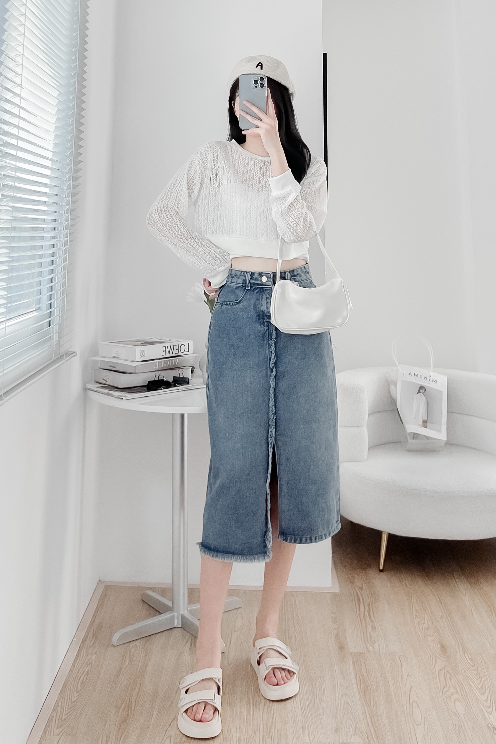 Chân váy jeans EMIX dáng dài xẻ vạt giữa, cạp cao, midi, dài khoảng 76cm 013