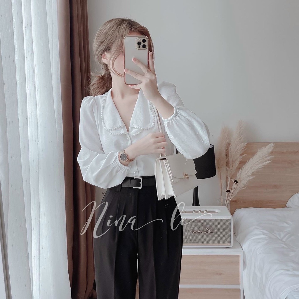 Áo sơ mi kiểu trắng nữ chất lụa phối ngọc sang chảnh A567