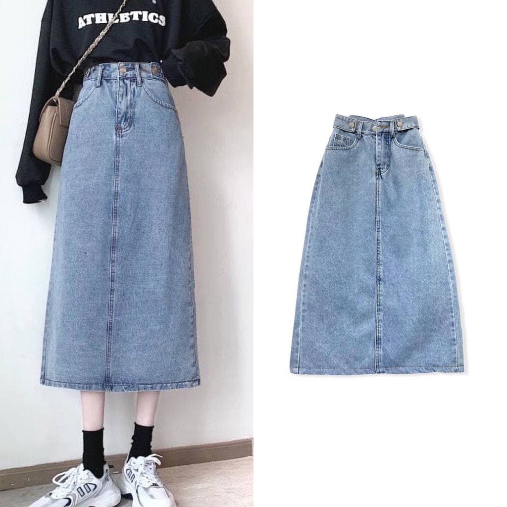 HOÀN TIỀN 15% - Chân váy jean dài cạp điều chỉnh độ rộng bụng váy bò dáng dài cạp cao phong cách