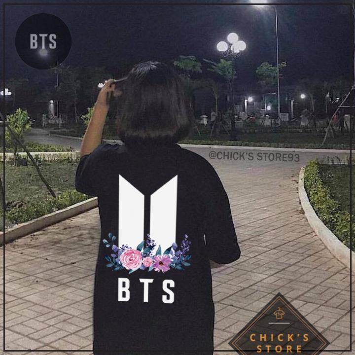 Áo thun tay lỡ BTS phối hoa (Màu đen) - Áo thun Kpop