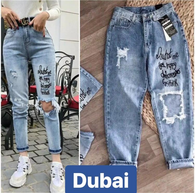 QUẦN JEAN BAGGY NỮ CHẤT BÒ IN CHỮ RÁCH ĐÙI HOT ULZZANG HÀN QUỐC LƯNG CAO NÂNG MÔNG CAO CẤP DB-882 - DUBAI FASHION