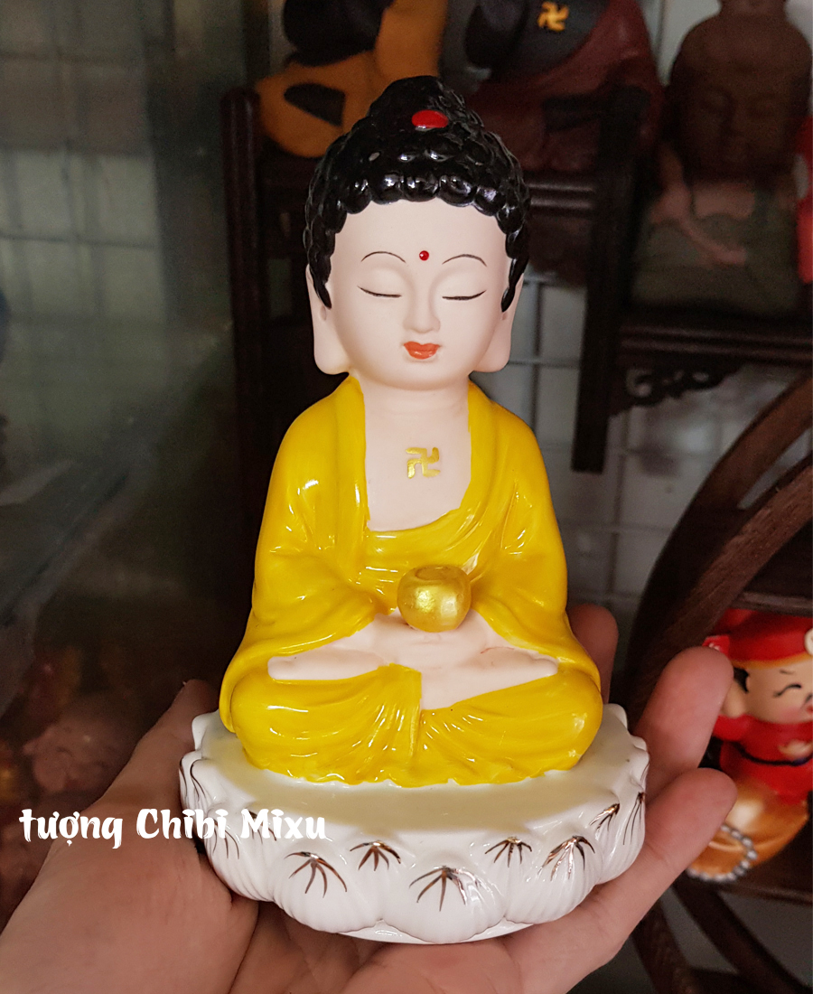 Tượng Phật tọa đài sen - Phật Ông gốm vàng (Kèm chuỗi)