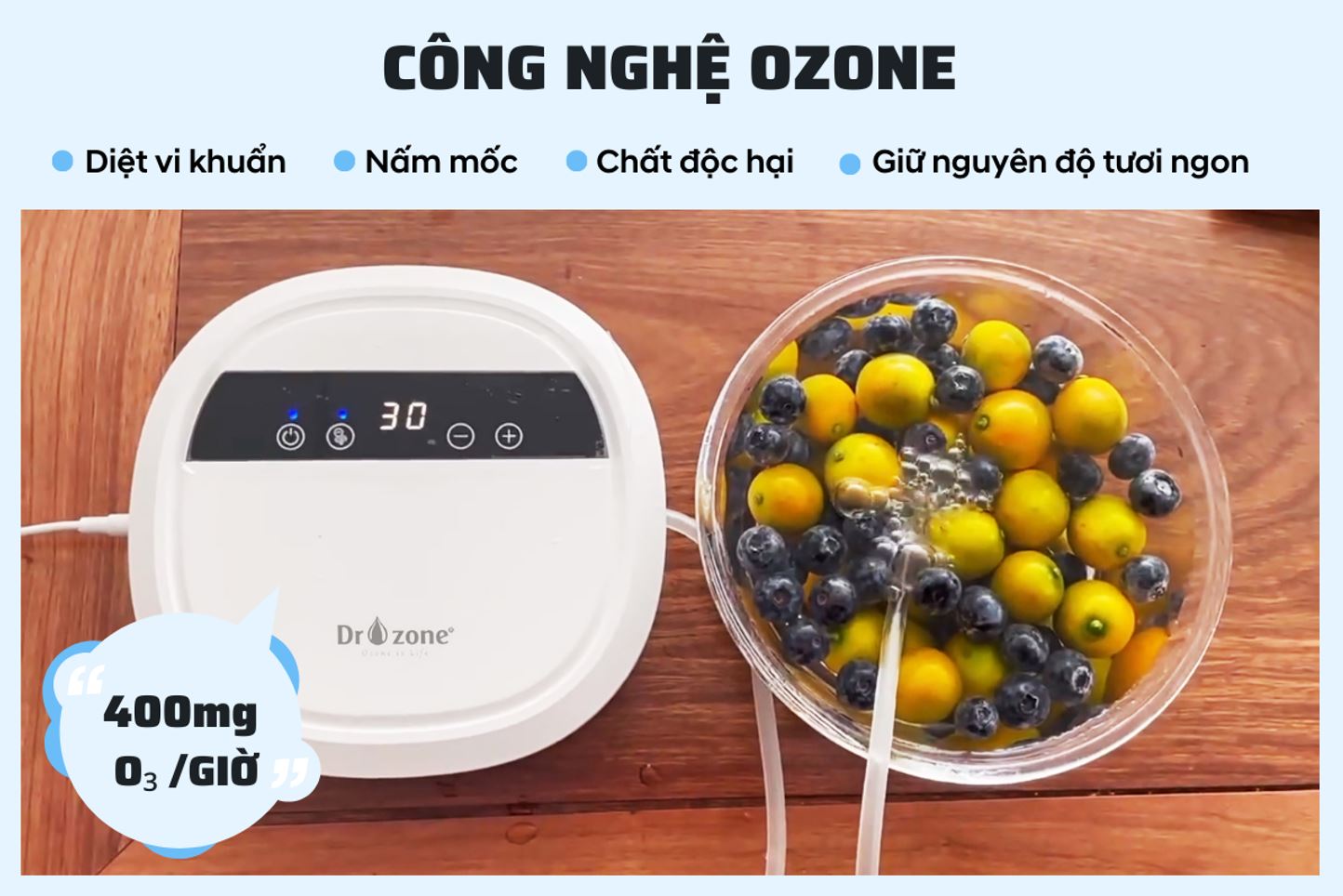Máy khử độc thực phẩm máy sục ozone rửa thực phẩm Dr.Ozone [ Hàng chính hãng]