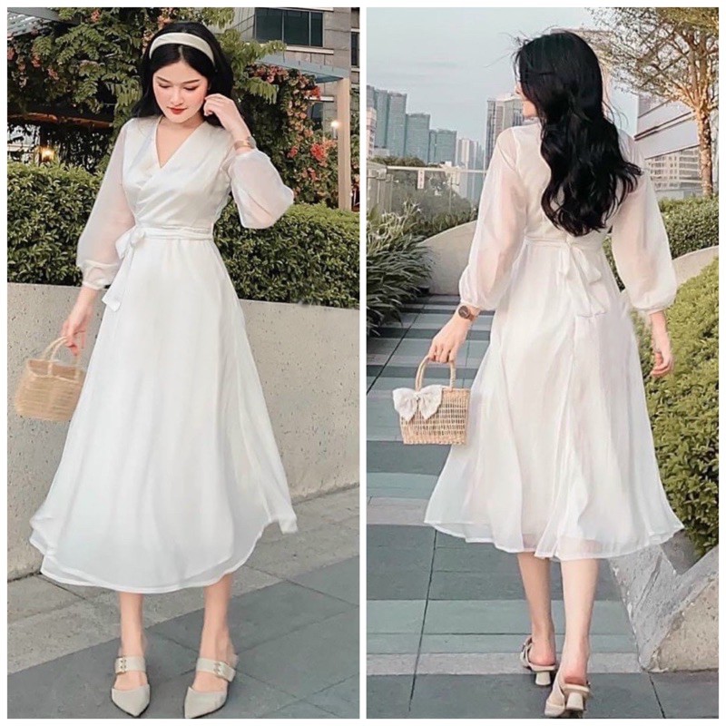 Đầm trắng cổ V form dài thắt eo