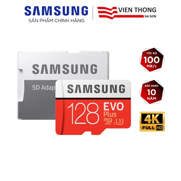 Thẻ nhớ microSDXC Samsung Evo Plus 128GB upto 100MB/s C10 U3 kèm Adapter (Bảo hành 10 năm) - Hãng phân phối chính thức