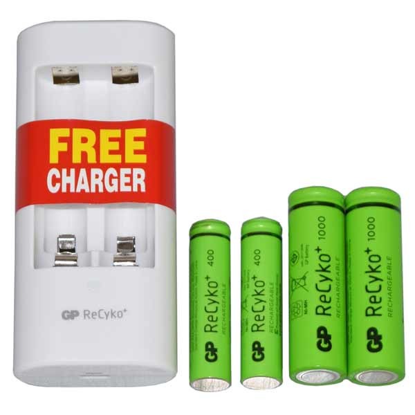 Bộ 2 pin AA, 2 pin AAA và sạc đôi GP Recyko
