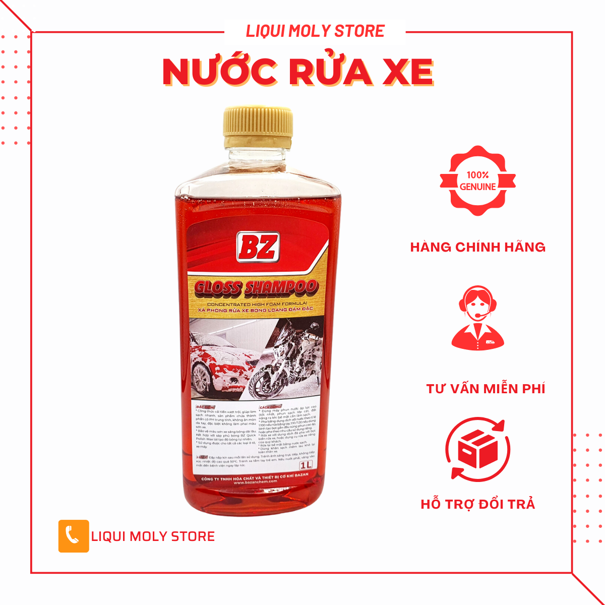 Nước rửa xe,xà bông BZ GLOSS SHAMPOO 1L tặng khăn Microfiber