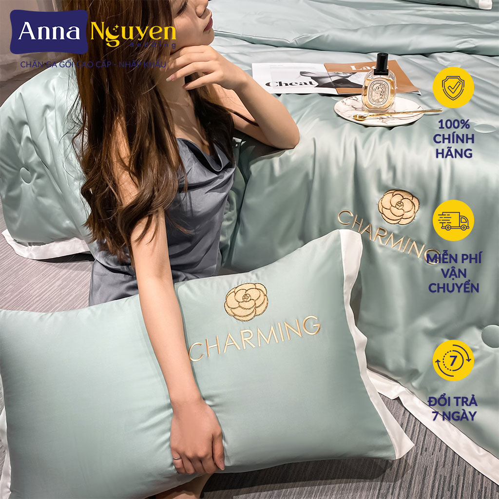 Bộ Chăn Ga Gối Đệm Phi Lụa Charming Drap Giường Phi Lụa Cao Cấp Bo Chun Drap - Anna Nguyen Bedding