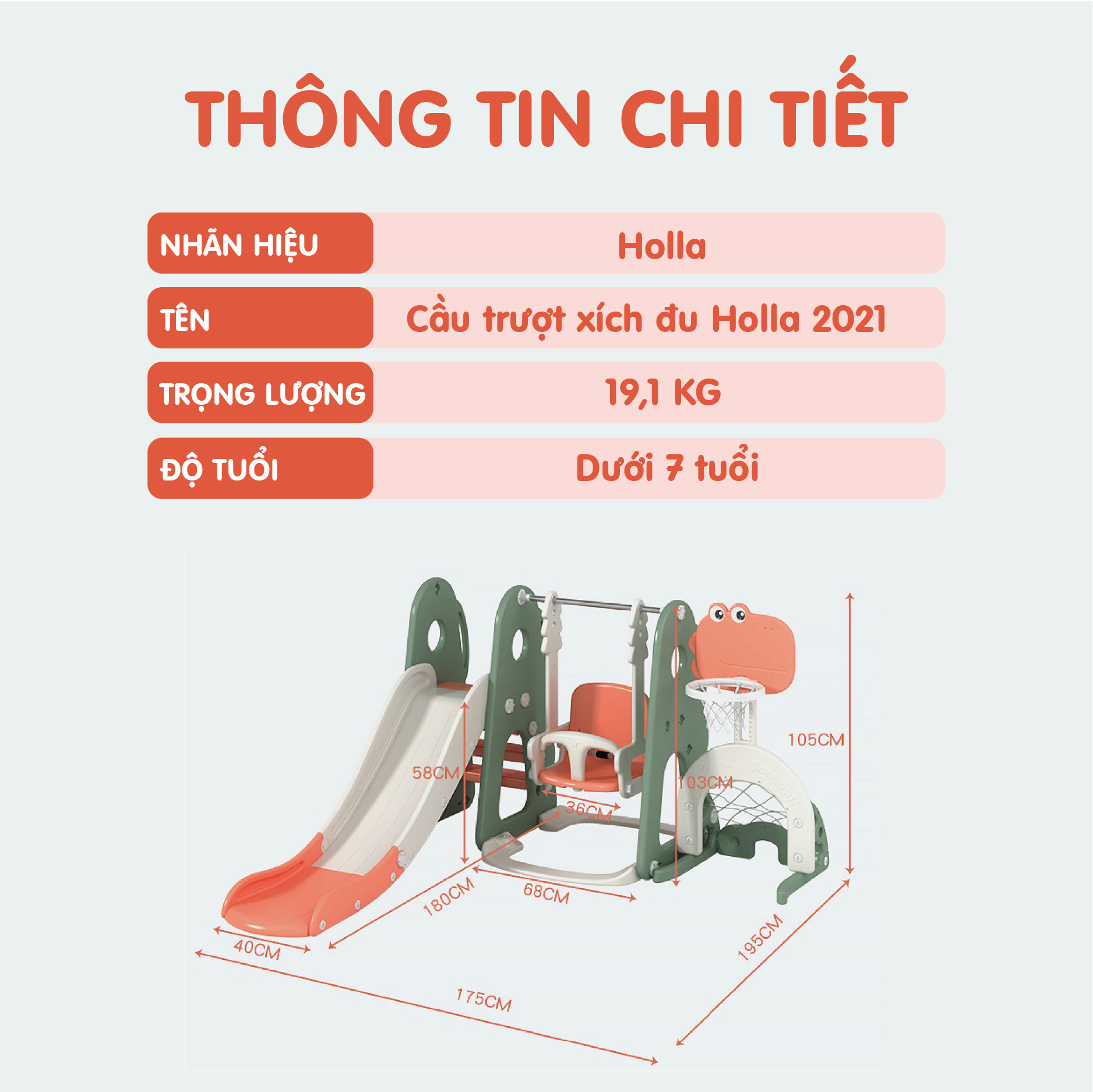 Cầu trượt xích đu, cột bóng rổ Hola 5in1