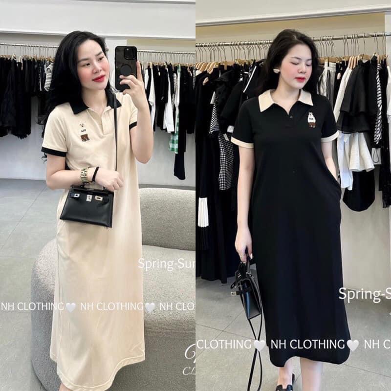 Váy v67, đầm polo phối viền tay thêu hình gấu from rộng chất cotton