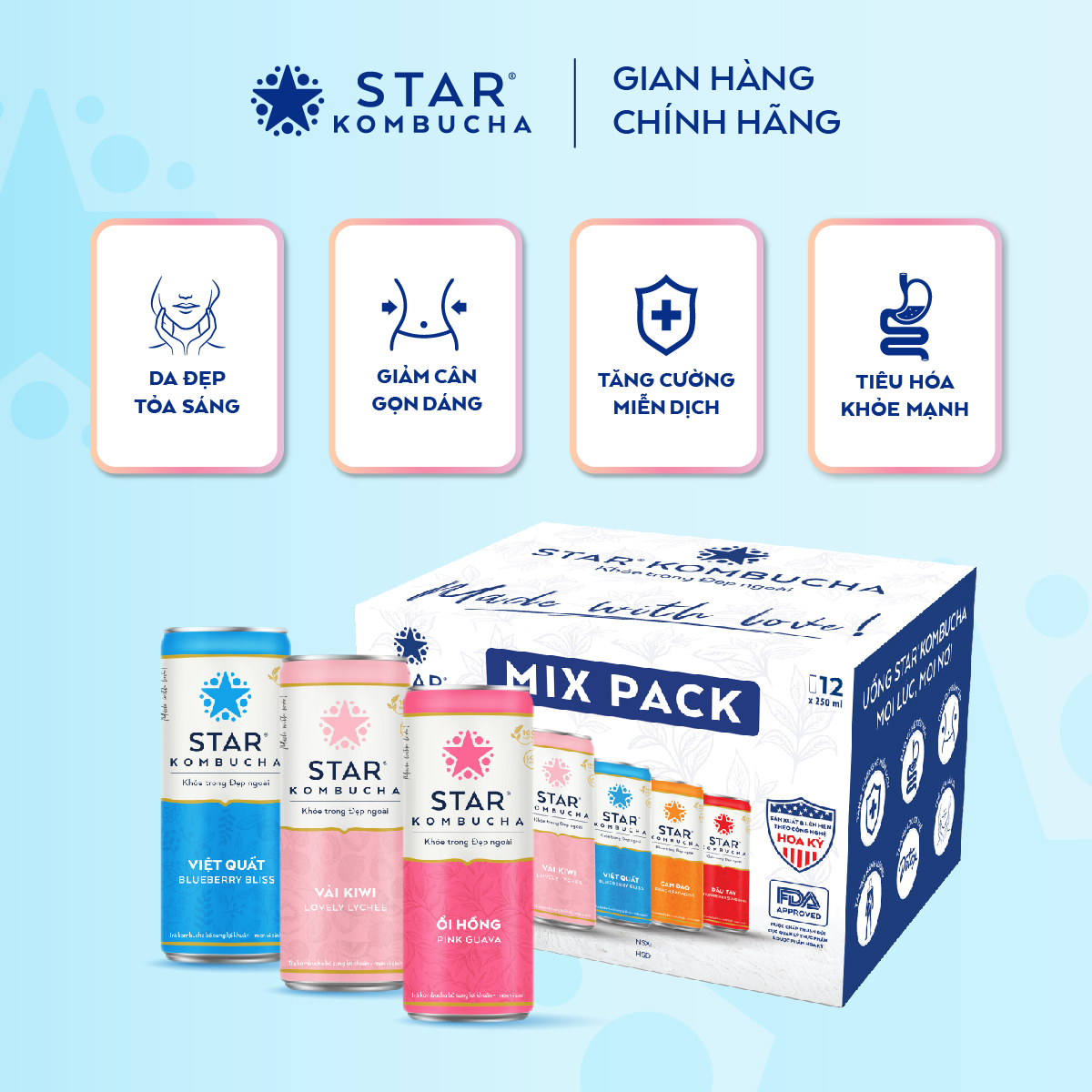 Thùng 12 lon trà lên men STAR KOMBUCHA mix 6 vị (250ml/lon)