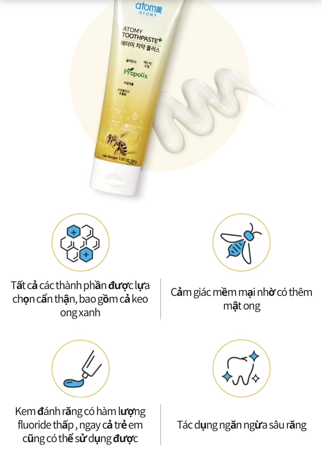 Kem đánh răng sạch khuẩn và ngừa sâu răng vượt trội chiết xuất từ keo ong - Atomy Propolis toothpaste 200gram - 애터미 치약 플러스 200g - Атоми Зубная Паста Набор