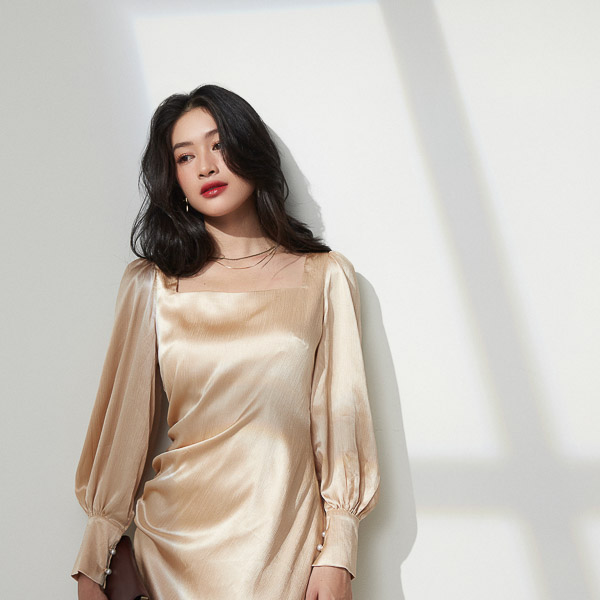 Đầm Maybi dài tay phồng phối nhún