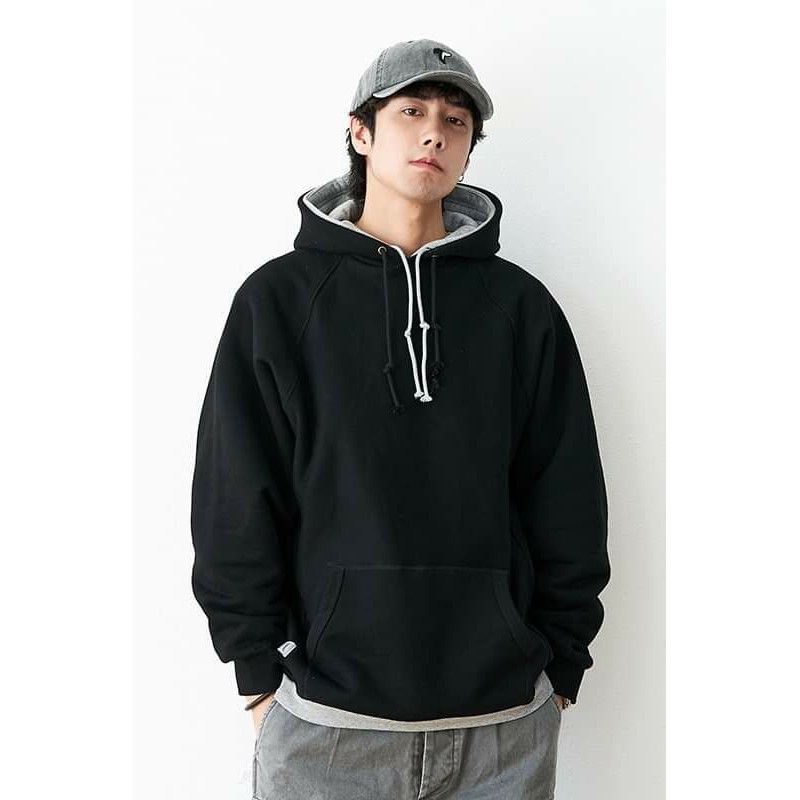 Áo hoodie from rộng nam nữ hai mũ đen xám phong cách hàn quốc basic vải nỉ bông co giãn nhẹ mềm độ dày vừa phải