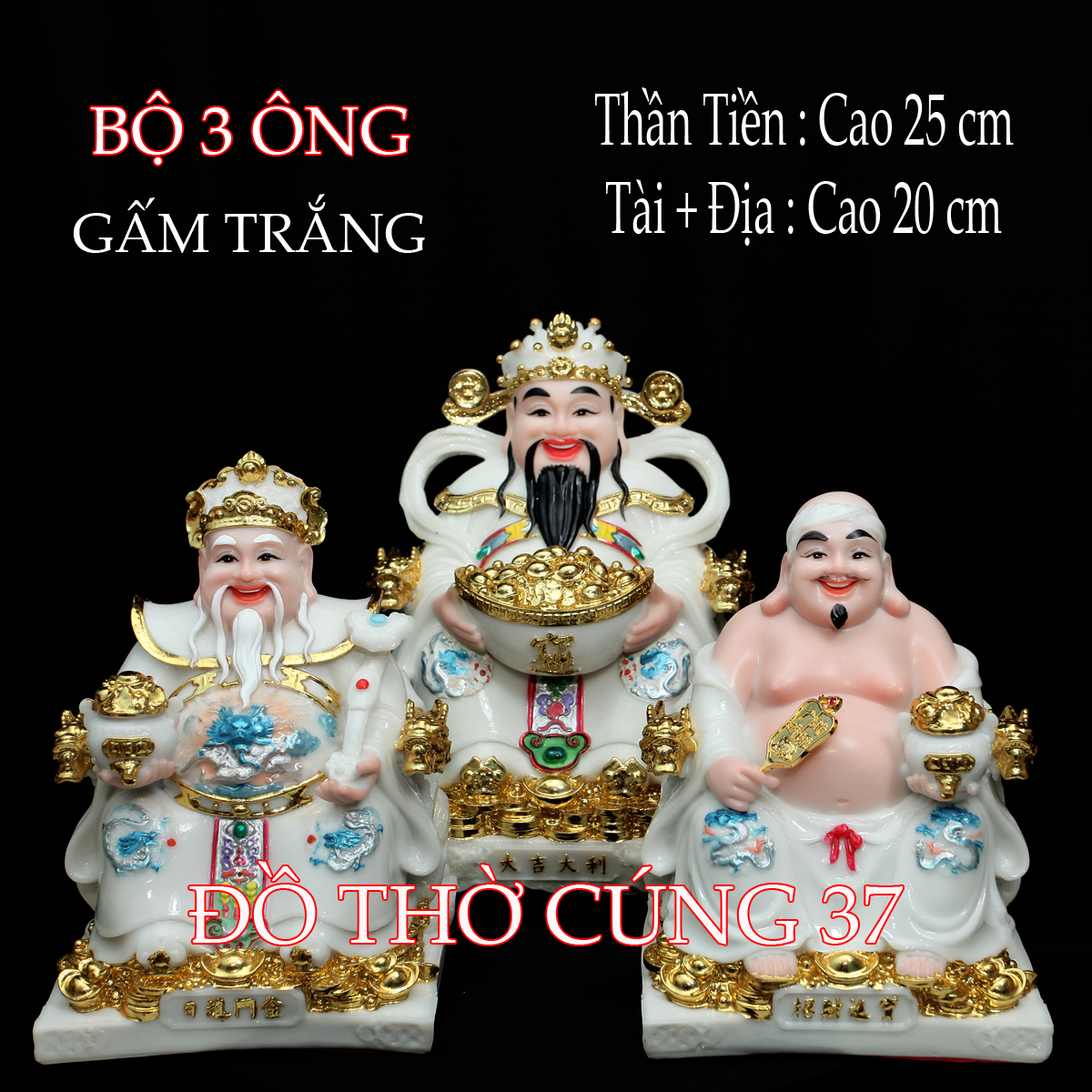 [ BỘ 3 ÔNG - GẤM TRẮNG ] THẦN TÀI +THỔ ĐỊA +THẦN TIỀN  [ COMPOSITE + BỘT ĐÁ ]