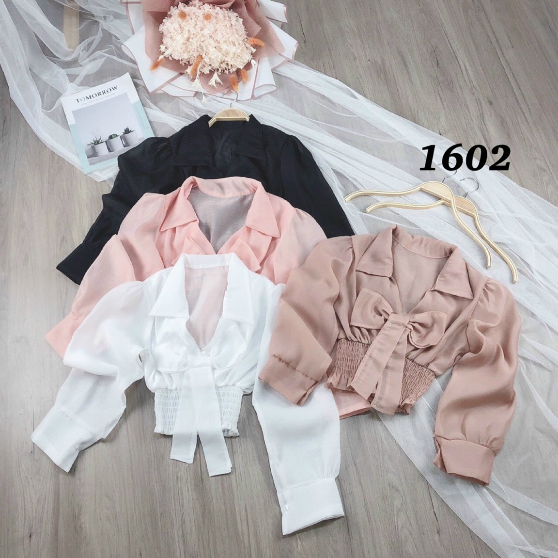 [HCM]Áo kiểu nữ cổ sơ mi đính nơ tay dài nhún eo