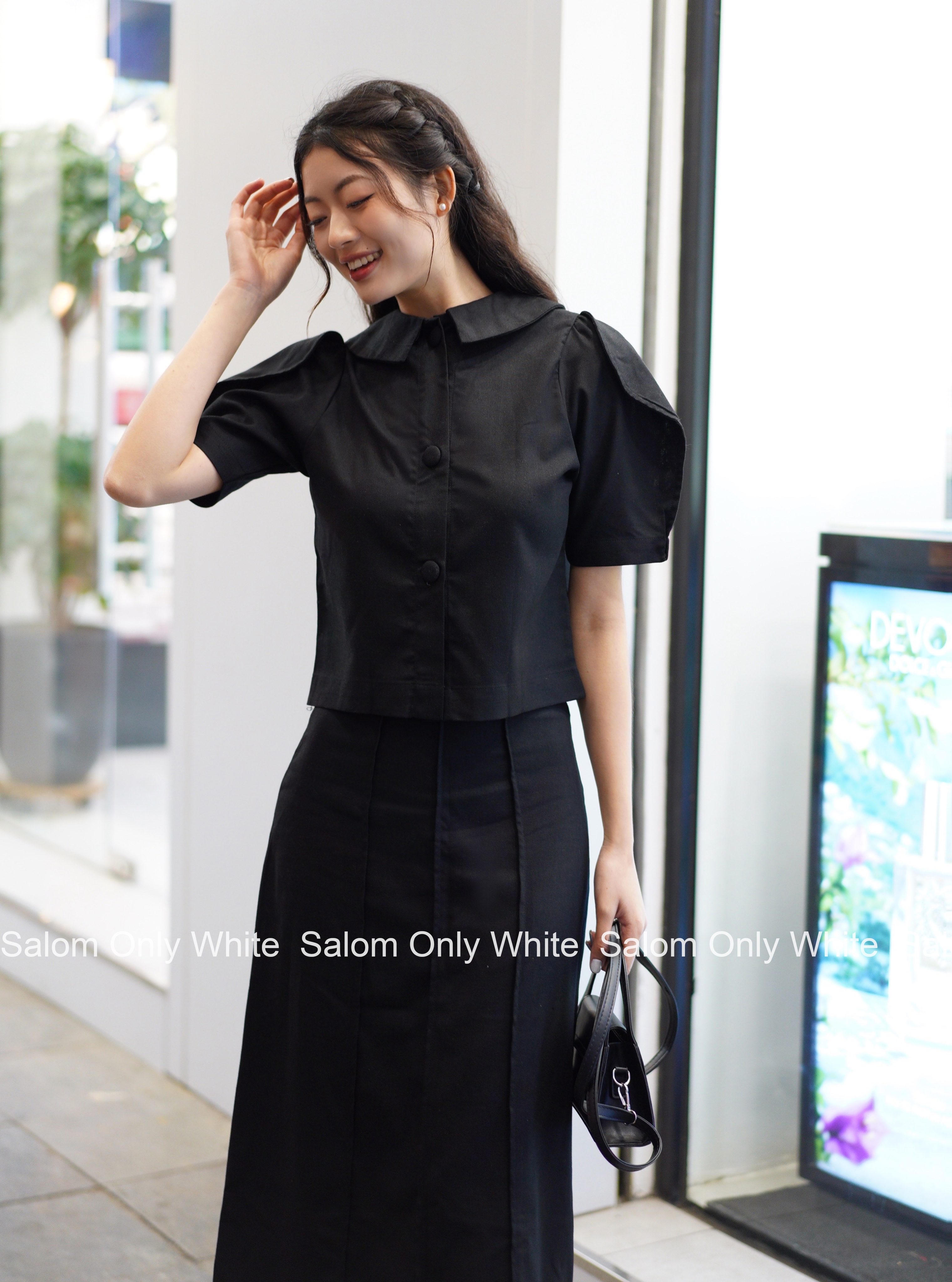 𝐋𝐚𝐝𝐲 𝐋𝐢𝐧𝐞𝐧 𝐒𝐞𝐭 - Set Áo Cổ Sen Và Chân Váy Midi Kẻ Dọc SALOM (Ảnh thật chính chủ)