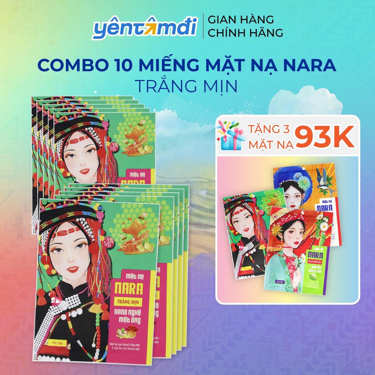 COMBO 10 miếng mặt nạ lụa NARA TẶNG 3 mặt nạ