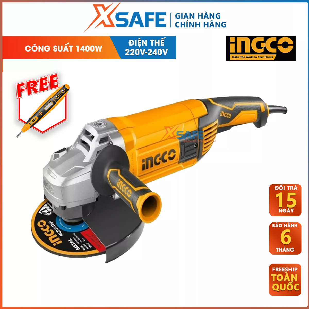 Angle grinder ingco AG24008 bundled 1 auxiliary handle and 1 set charcoal. Machine Portable corner there is no load speed 6300 rpm,, power 2400W genuine warranty 6 months-product genuine [xsafe]