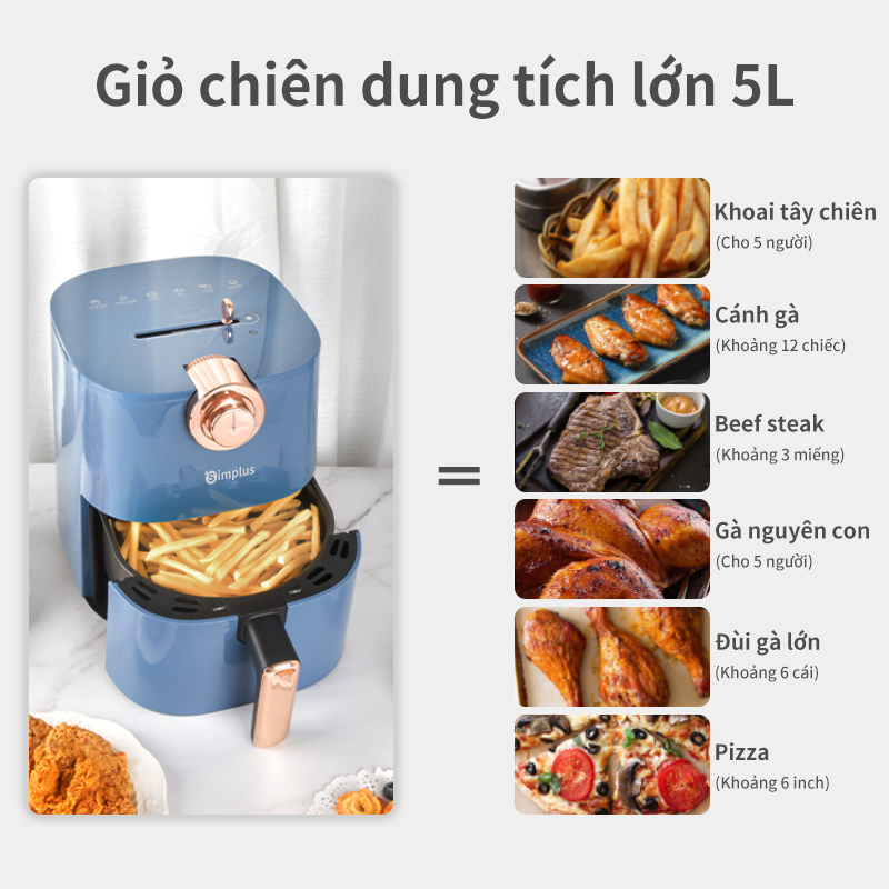 Nồi chiên không dầu Simplus 5L, dung tích lớn chiên nướng đa năng không dầu mỡ, nồi chiên tiện lợi kèm vỉ nướng - bảo hành một năm chỉ đổi không sửa KQZG004