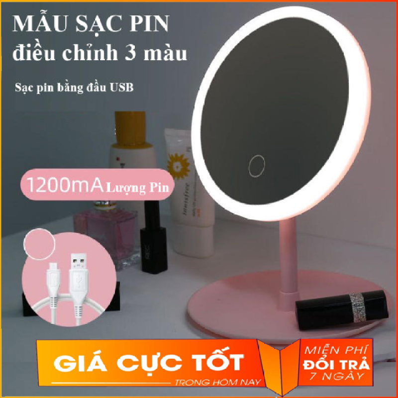 Gương trang điểm để bàn đèn LED cảm ứng 3 cấp độ, Gương trang điểm xoay 90 độ, Bảo hành 1-1, Gương trang điểm để bàn có đèn sạc đầu USB (NHIỀU MÀU)