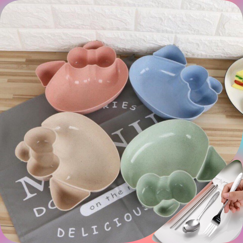 Bộ khay ăn dặm lúa mạch 4 chi tiết đủ thìa dĩa đũa cho bé
