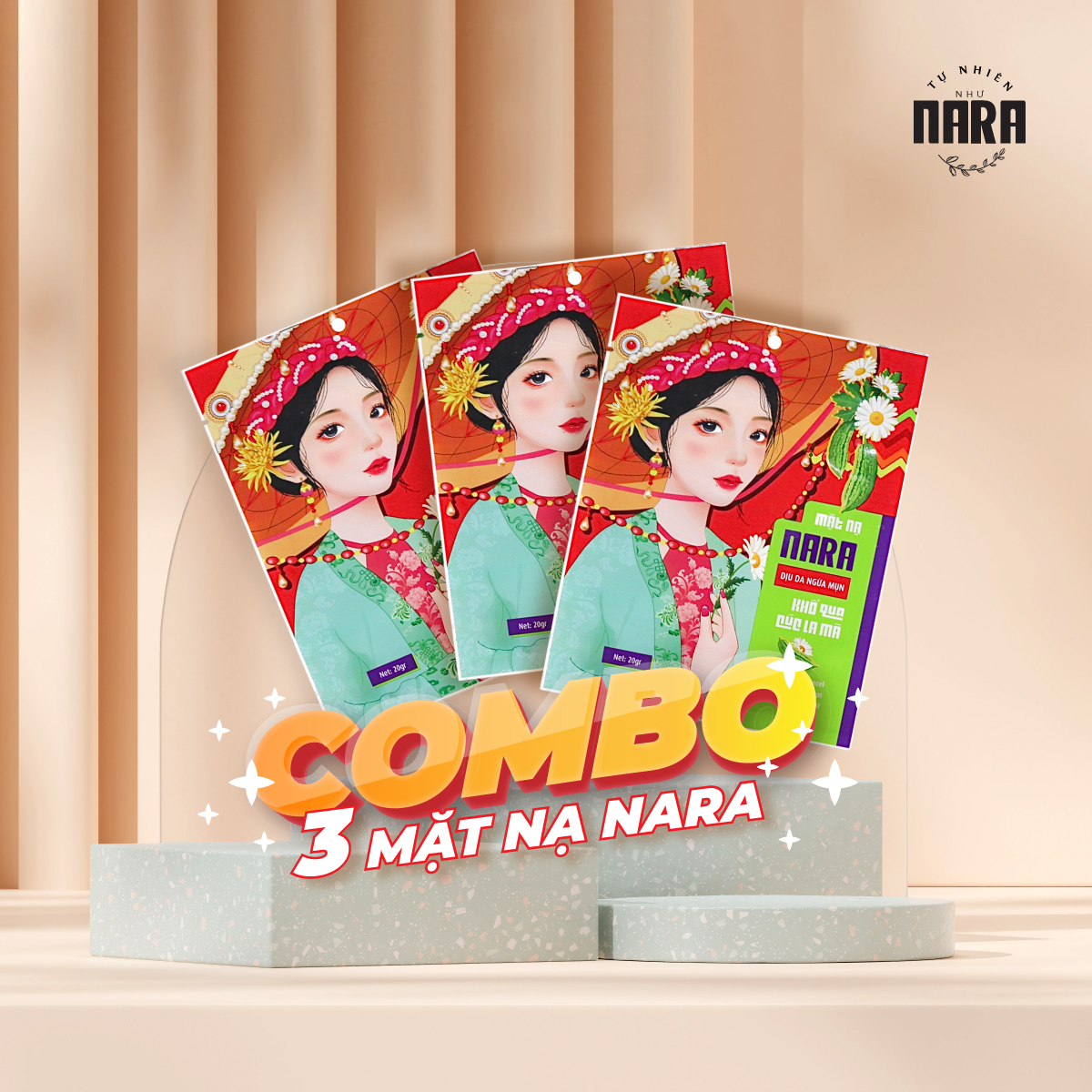 COMBO 3Mặt Nạ Lụa Giảm Mụn Mờ Thâm Dịu Da NARA Khổ qua Cúc La Mã