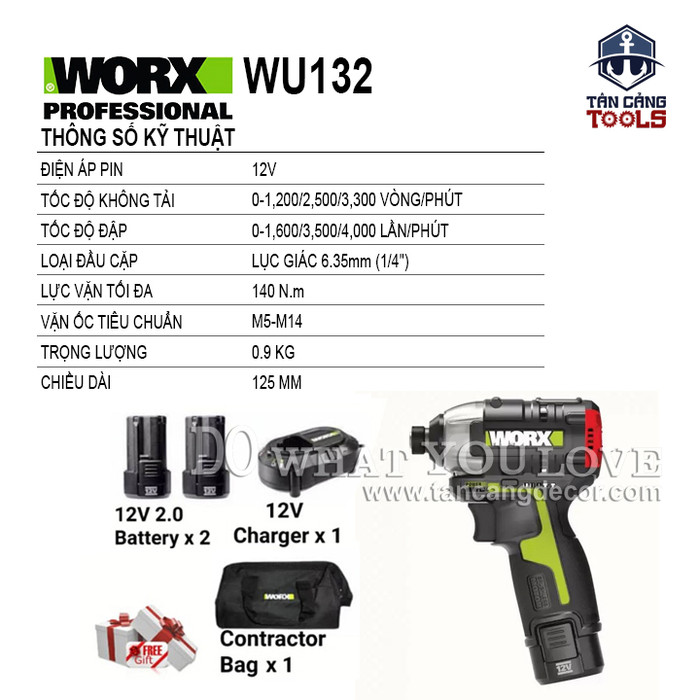 Combo Máy Vặn Vít Động Lực Dùng Pin 12V Worx WU132-21 ( Thân Máy, 2 Pin 2.0Ah, 1 Sạc, 1 Thùng Nhựa )