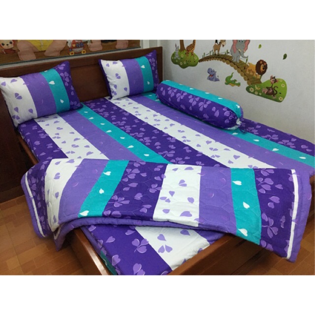 Bộ ga gối 100% cotton Thắng Lợi trái tim màu tím.