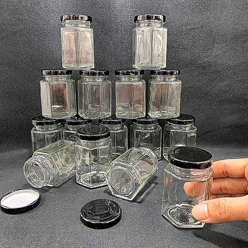 Lọ Thủy Tinh Nhỏ 100ML (combo 8 cái) mẫu lục giác nắp thiếc đen – Hũ Thủy Tinh Nhỏ – Hũ Chưng Yến Thủy Tinh đựng thực phẩm - Hũ Gia Vị