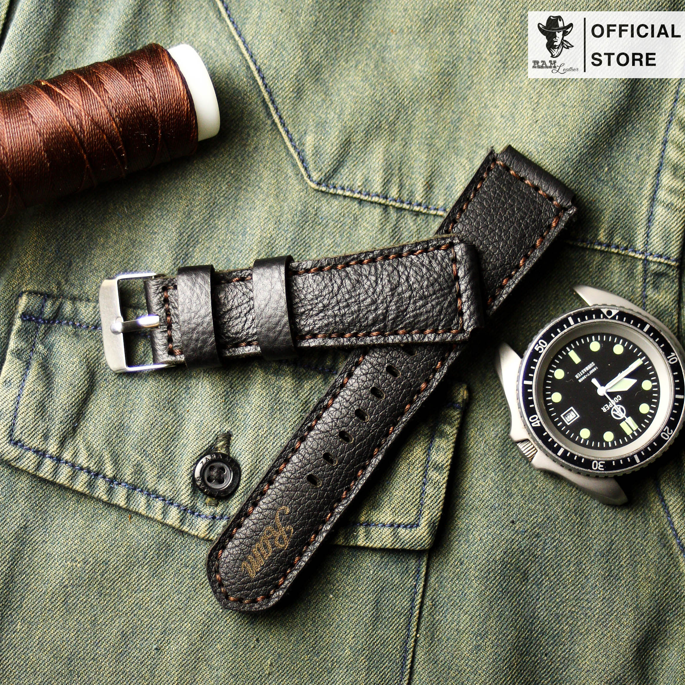 Dây da đồng hồ Siêu bền Da Dê Đen Bản Bền Đẹp RAM Leather Classic 1955 Chính Hãng RAM Leather