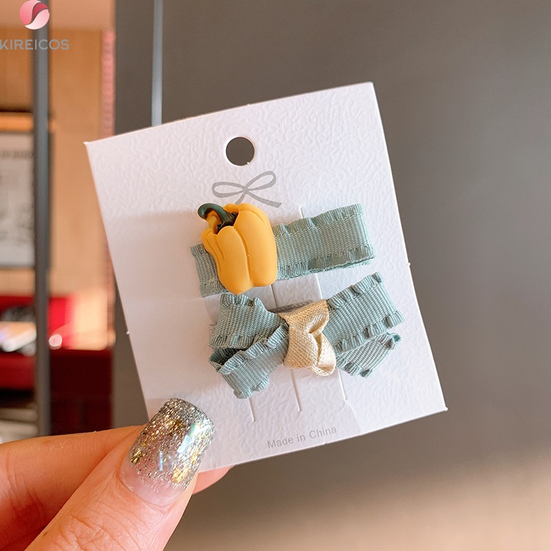 [HCM]Set 2 Kẹp Tóc Nơ Sọc Đính Thú Siêu Cưng - kireicos