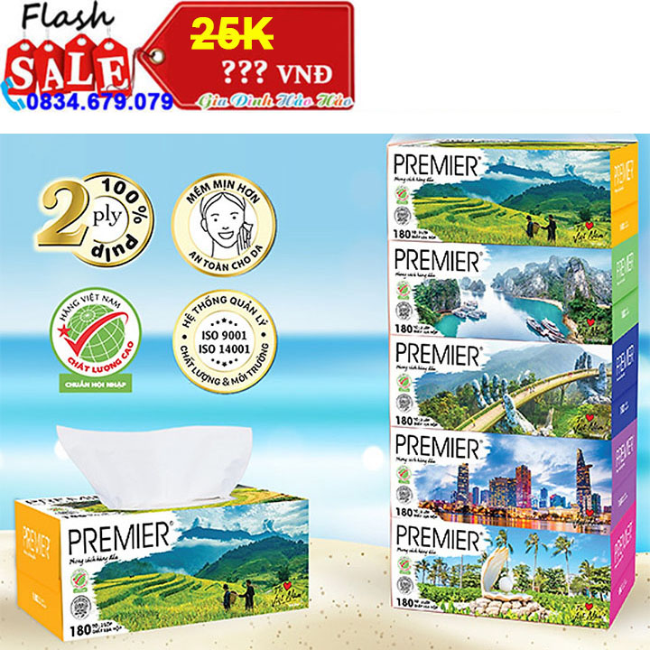 Hộp khăn giấy lụa PREMIER 2 lớp - Hộp 180 tờ (Giao mẫu ngẫu nhiên)