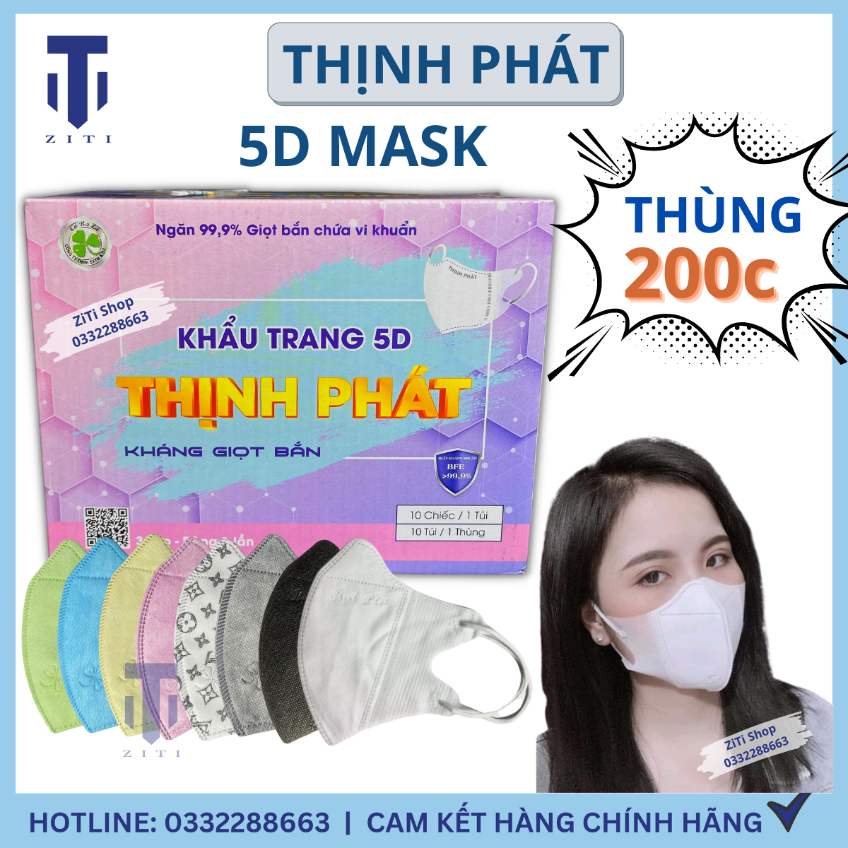 Thùng Khẩu Trang 200 Chiếc Thịnh Phát 5D Mask Hàng Chuẩn Túi Zip Chính Hãng