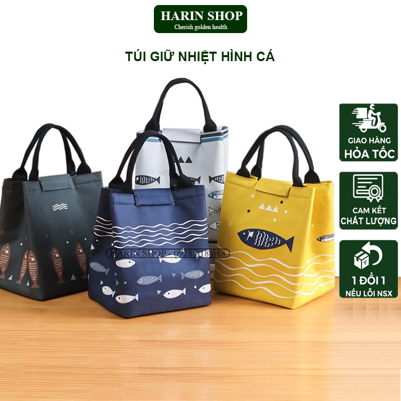 Túi Cơm Giữ Nhiệt - Túi Đựng Hộp Cơm Văn Phòng Hình Cá Có Quai Xách Chắc Chắn, Tiện Lợi 19 x 23cm HARIN