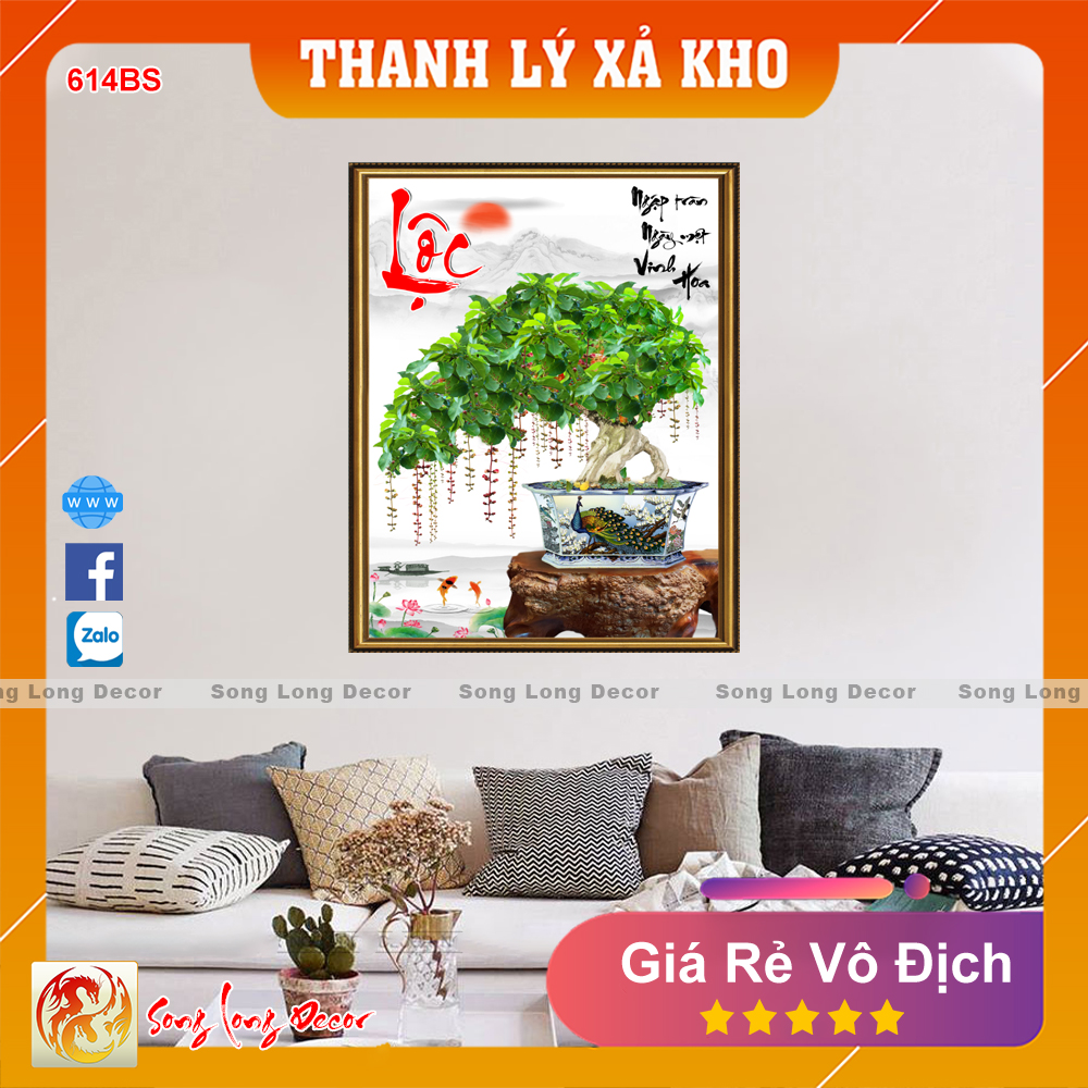 Tranh dán tường 3d Bon Sai Cây Tùng Chữ Lộc - Tranh 3D Phong Thủy Ngày Tết - Giấy dán tường 3d - Song Long Decor - 084BS