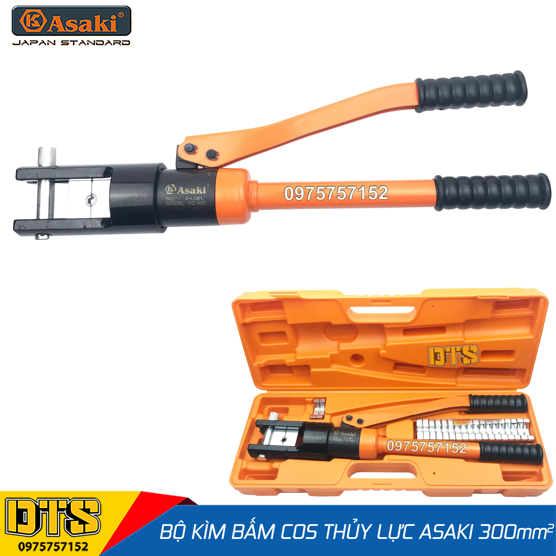 Bộ kìm bấm cos thủy lực 300mm2 Asaki AK-0618 (YQ-300), kìm thủy lực ép cos đa năng, bấm cốt dây điện đầu cuối