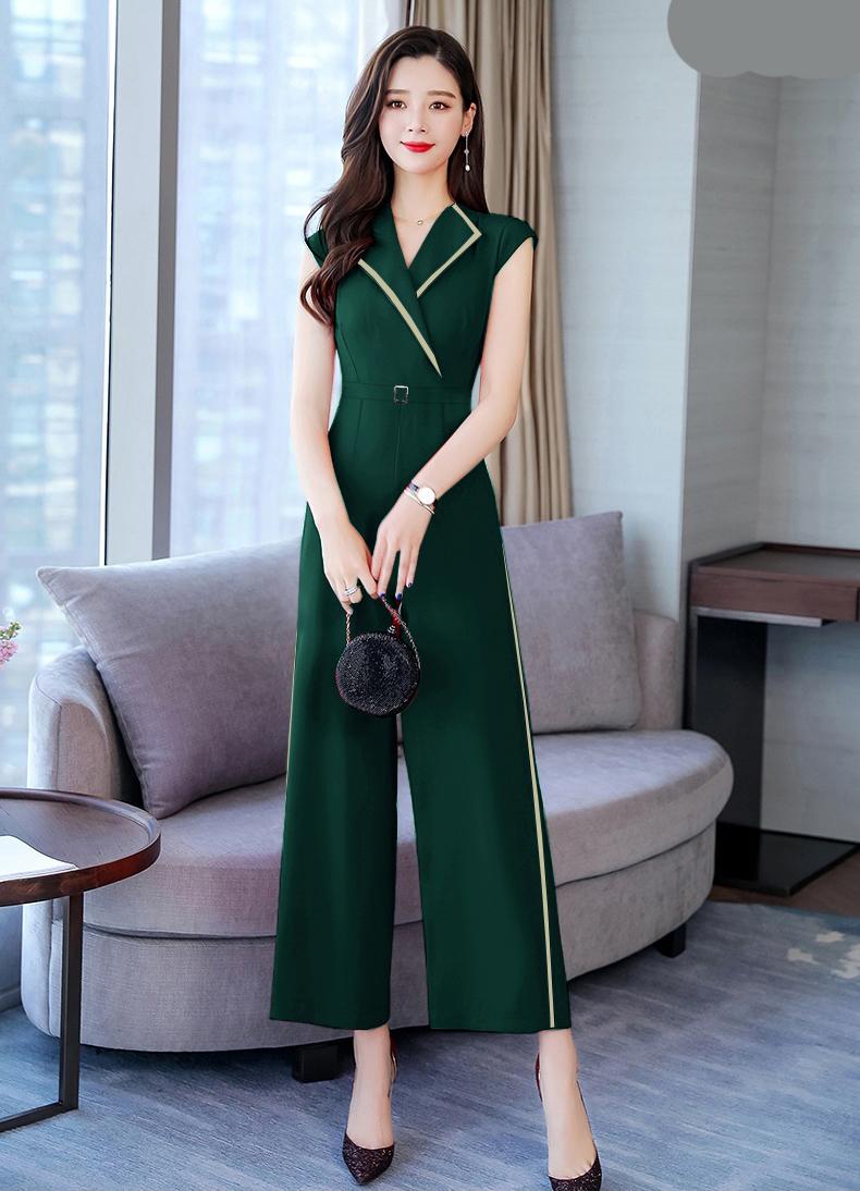 Jum dài ống suông cổ vest phối viền be kèm belt như hình