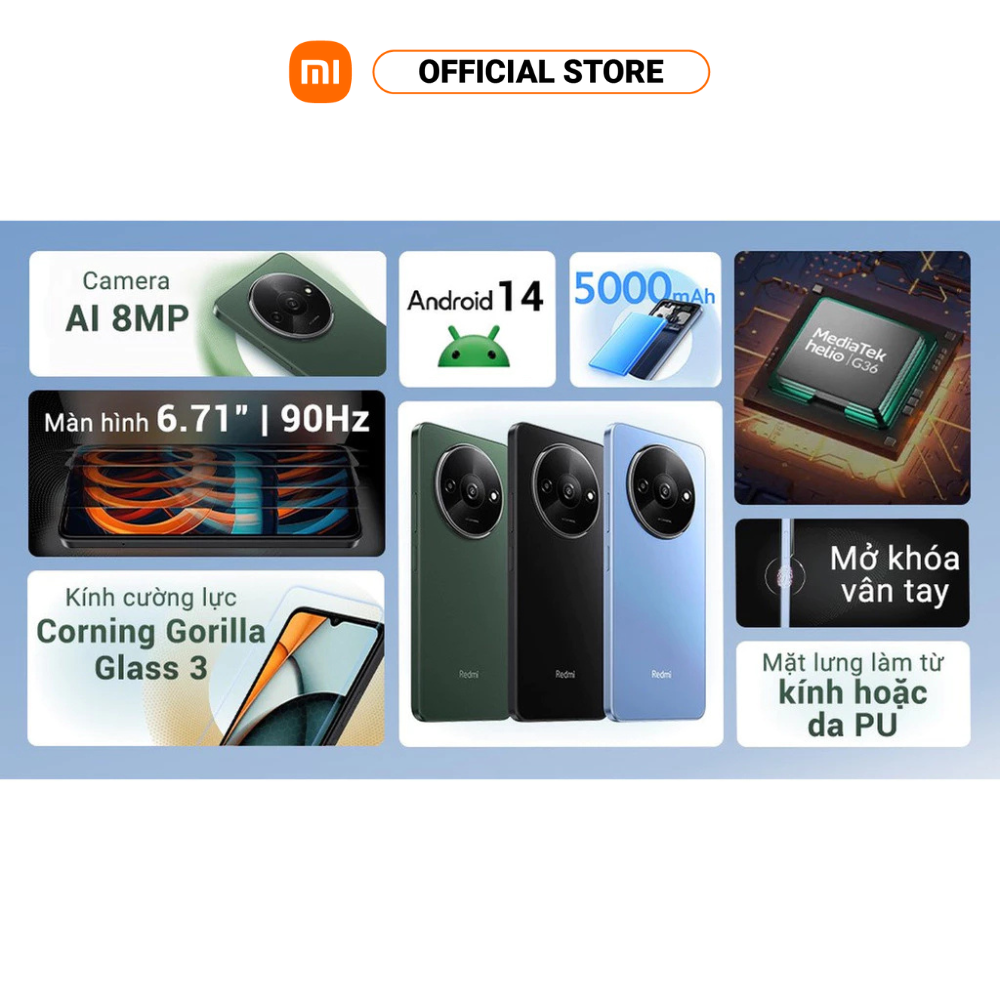 Điện thoại thông minh Xiaomi Redmi A3 (4+128GB) | Màn hình LCD 6,71" 90Hz | MediaTek HelioG36 | Pin 5000mAh