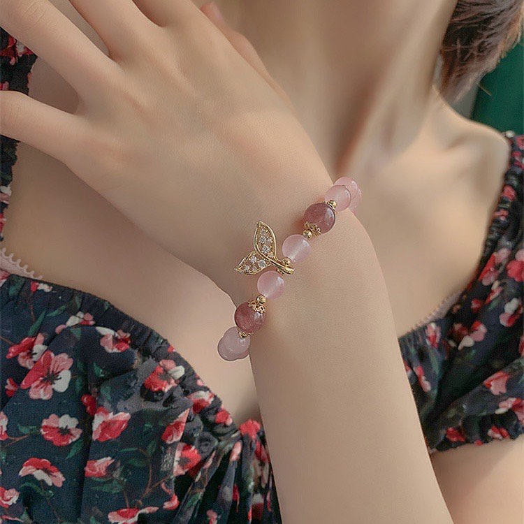 Vòng Tay Chuỗi Hạt Pha Lê Hồng Hình Đuôi Cá Cho Nữ