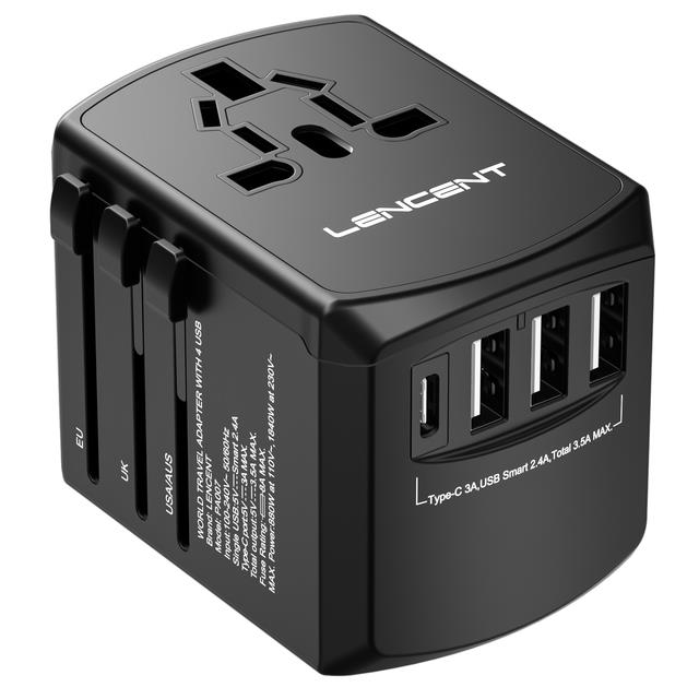 Lencent universal travel adapter all-in-one charger with 3 usb ports and 1 type c wall for us eu uk aus